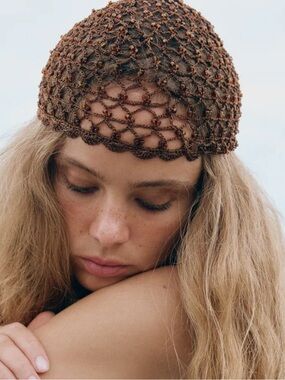 Crochet Beaded Cap - Brown ZARA